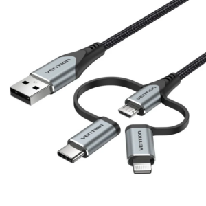 Vention USB 2.0 A to 3‑in‑1 Micro‑USB / USB‑C / Lightning Charging Cable 1M Gray Aluminum Alloy (CQJHF)